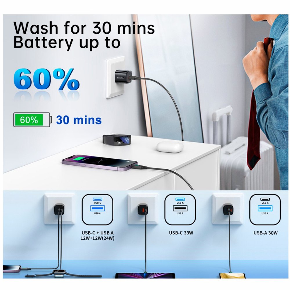 Cargador de Pared CARGA RAPIDA PD33W QC3.0 Usb 3.0 Tipo C NETCOM S1554