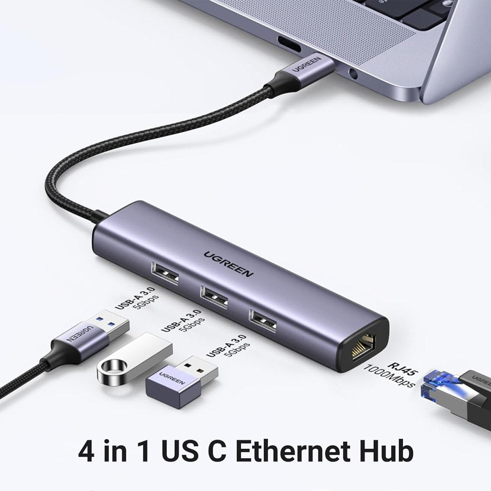 Adaptador Usb 3.1 Tipo C a Rj45 UGREEN 1 000 MBPS + HUB 3 x USB 3.0 S1560