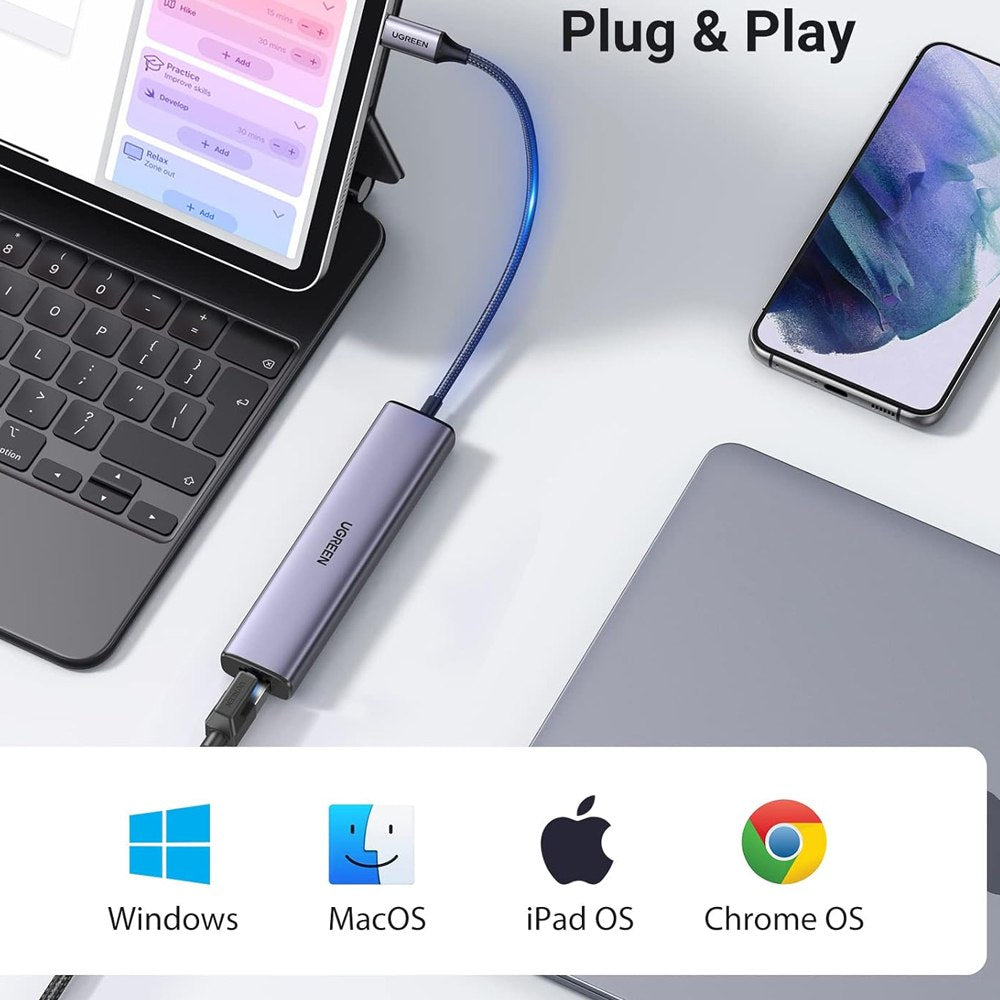 Adaptador Usb 3.1 Tipo C a Rj45 UGREEN 1 000 MBPS + HUB 3 x USB 3.0 S1560
