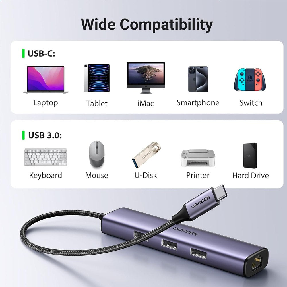 Adaptador Usb 3.1 Tipo C a Rj45 UGREEN 1 000 MBPS + HUB 3 x USB 3.0 S1560