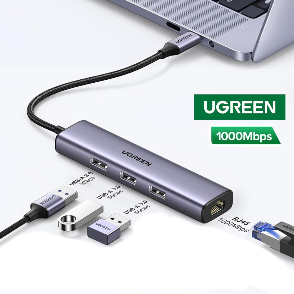 Adaptador Usb 3.1 Tipo C a Rj45 UGREEN 1 000 MBPS + HUB 3 x USB 3.0 S1560