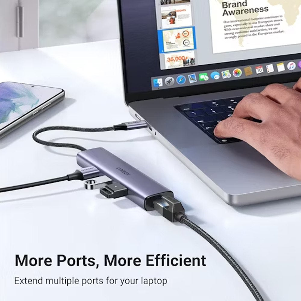 Adaptador Usb 3.1 Tipo C a Rj45 UGREEN 1 000 MBPS + HUB 3 x USB 3.0 S1560