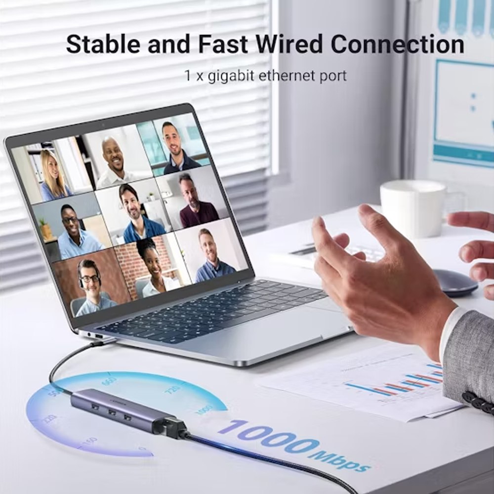 Adaptador Usb 3.1 Tipo C a Rj45 UGREEN 1 000 MBPS + HUB 3 x USB 3.0 S1560