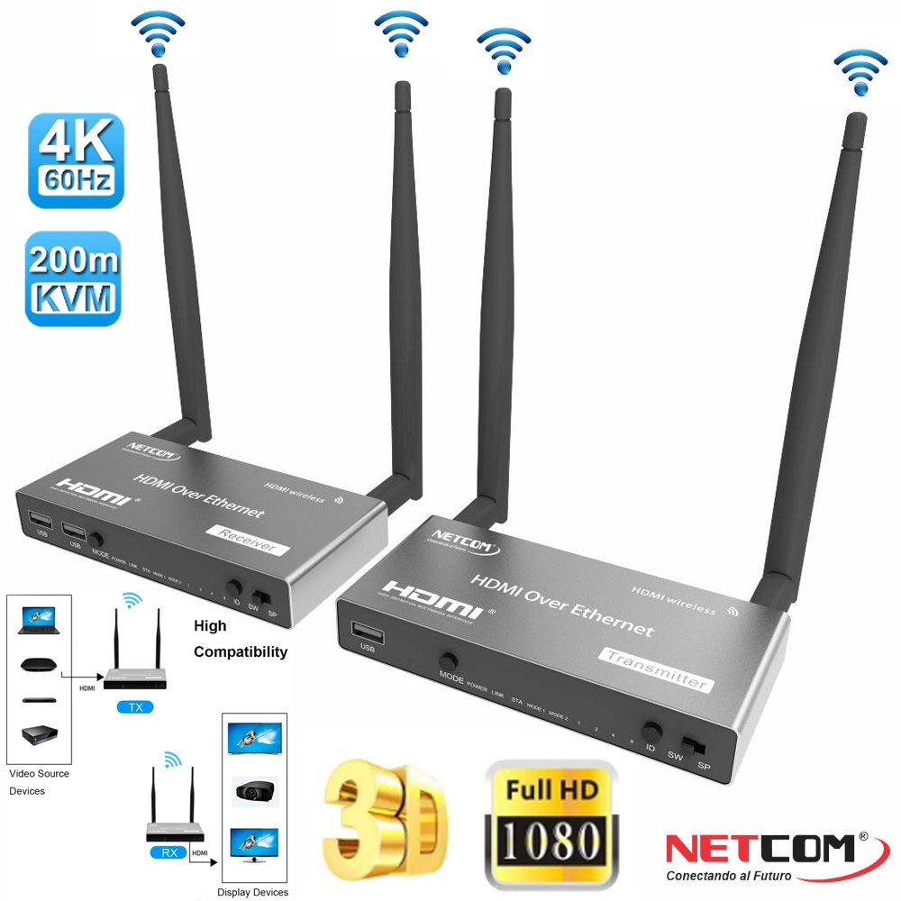 Extensión Extender HDMI INALAMBRICO Hasta 200 Metros NETCOM 60Hz KVM S1569