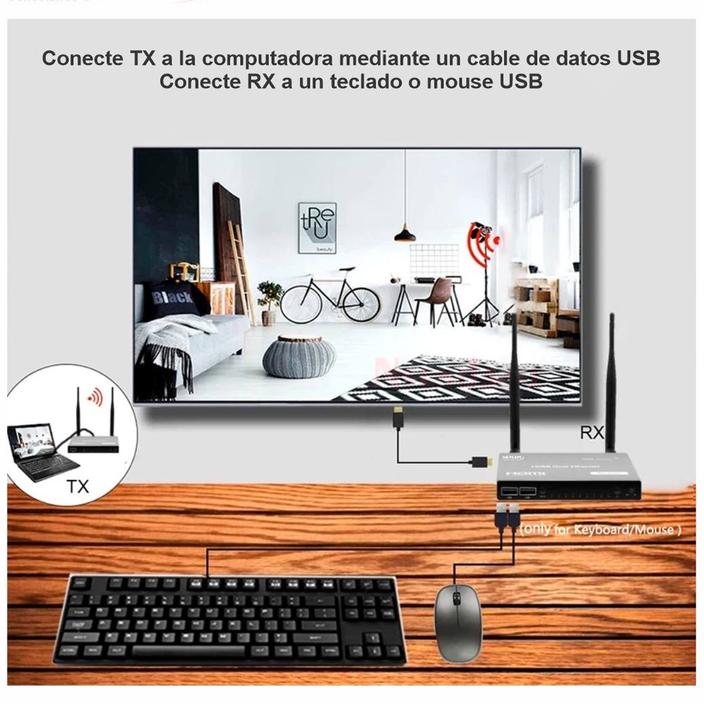 Extensión Extender HDMI INALAMBRICO Hasta 200 Metros NETCOM 60Hz KVM S1569