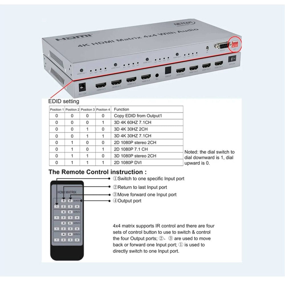 Matrix HDMI 4x4 Puertos Version 2.0 4K 60Hz Splitter Switch HDMI HDR S1572