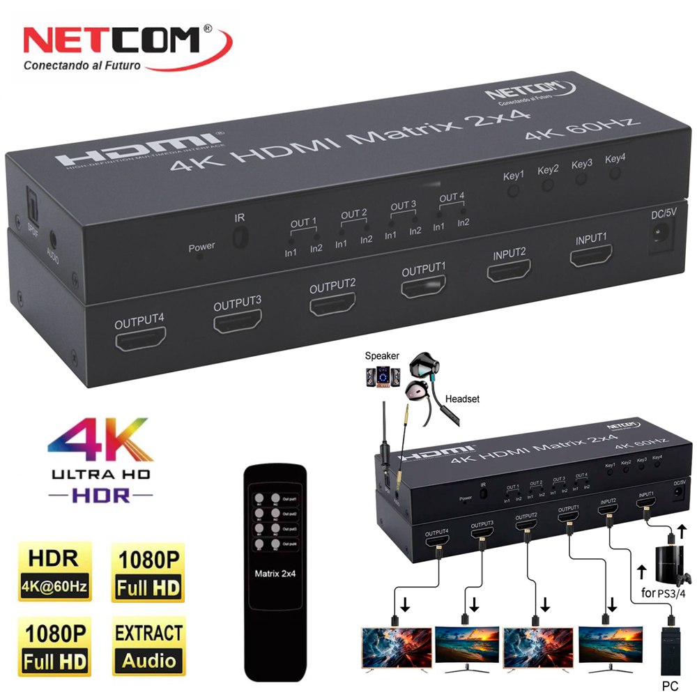 Matrix HDMI 2x4 Puertos Version 2.0 4K 60Hz Splitter Switch HDMI HDR S1573