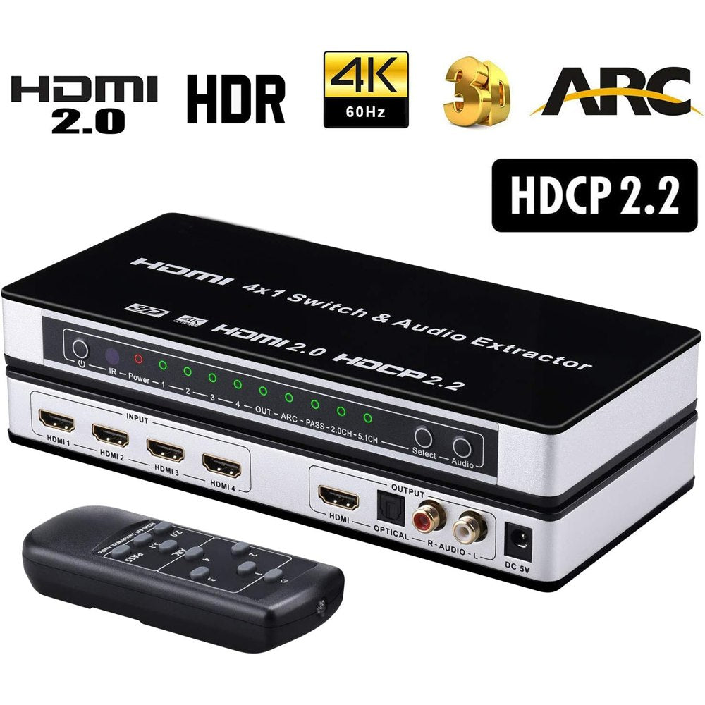Switch HDMI 2.0 4 x 1 Extractor de Audio con Control Remoto HDCP 2.2 S1574