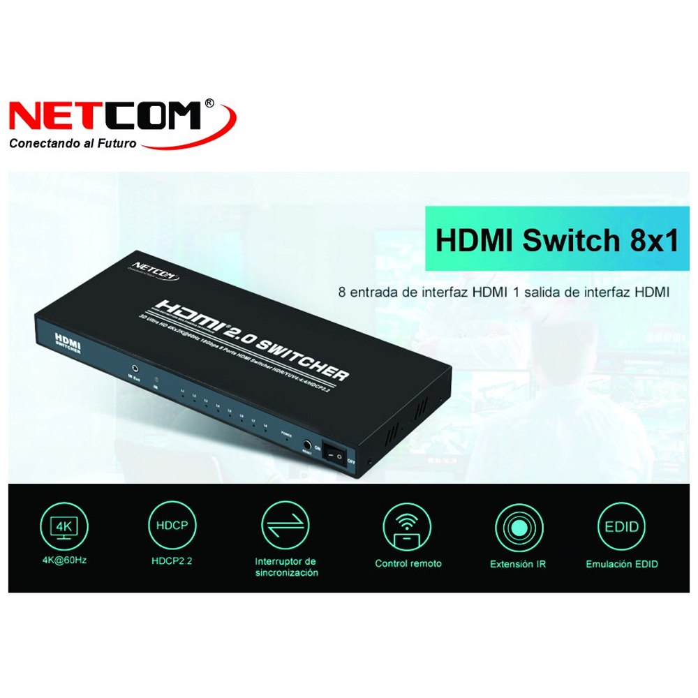 Switch HDMI 2.0 8 Puertos 4K 60Hz 3D HDR HDCP 2.2 8x1 18GBps NETCOM S1575