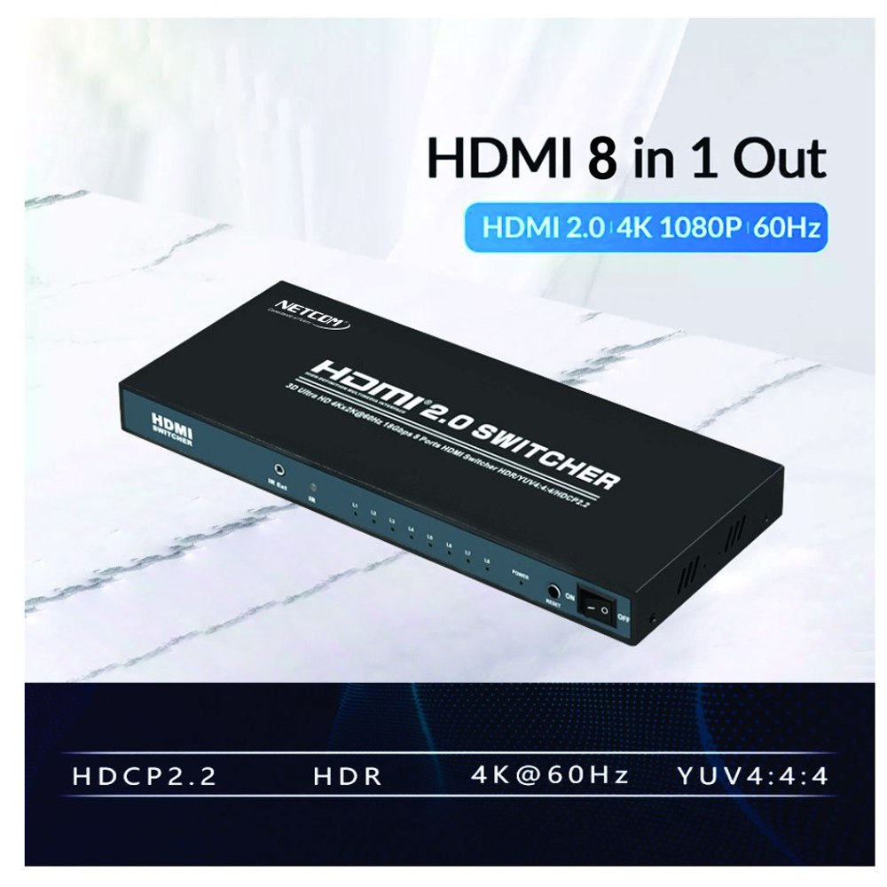 Switch HDMI 2.0 8 Puertos 4K 60Hz 3D HDR HDCP 2.2 8x1 18GBps NETCOM S1575