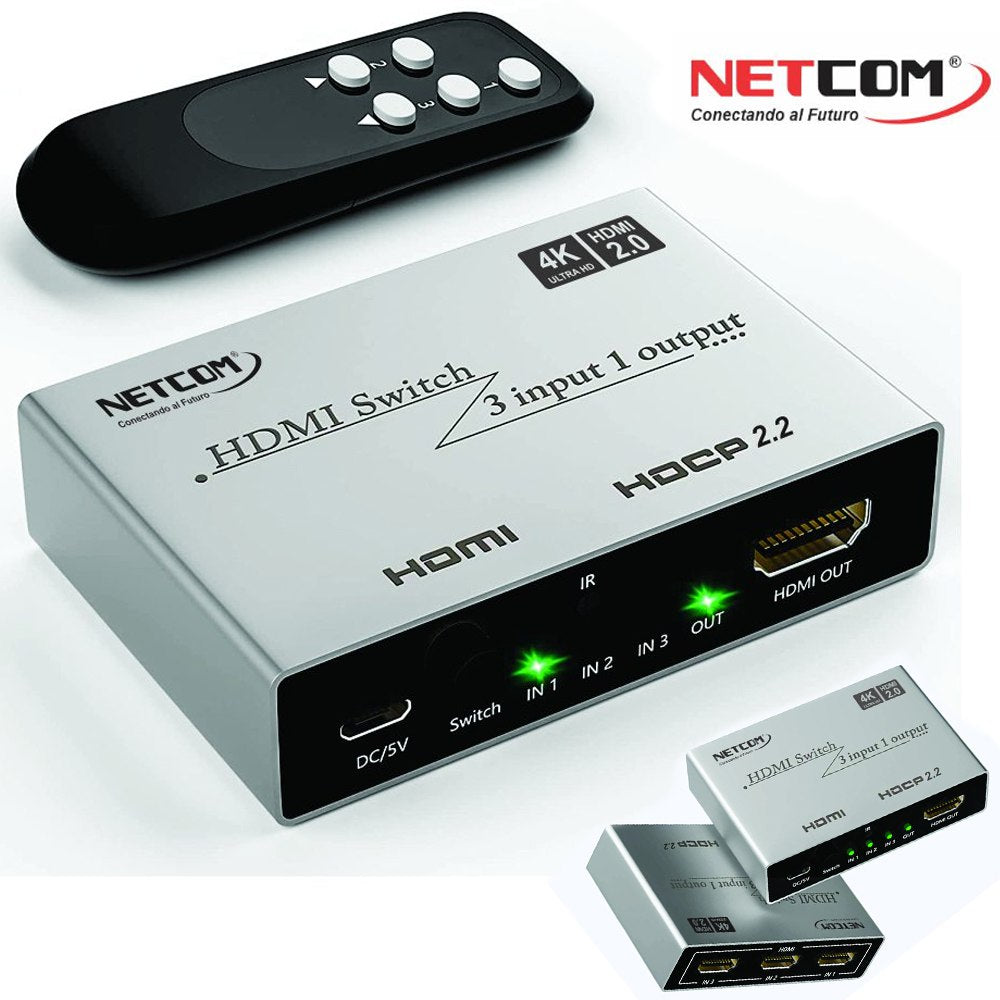 Switch HDMI 2.0 3 Puertos 4K 60Hz 3D HDR HDCP 2.2 3x1 18GBps NETCOM S1576