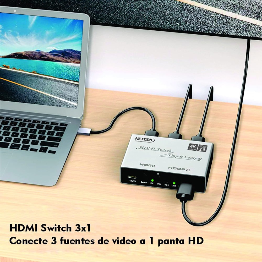 Switch HDMI 2.0 3 Puertos 4K 60Hz 3D HDR HDCP 2.2 3x1 18GBps NETCOM S1576