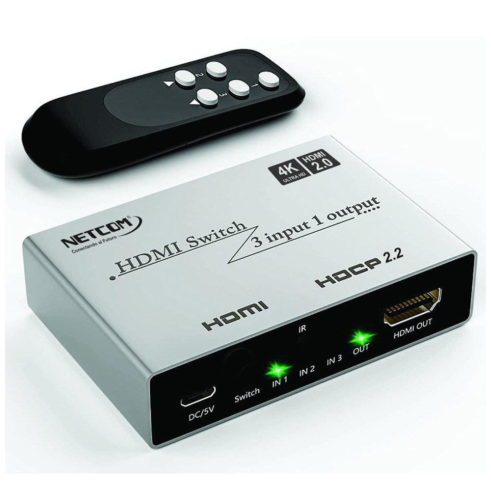 Switch HDMI 2.0 3 Puertos 4K 60Hz 3D HDR HDCP 2.2 3x1 18GBps NETCOM S1576
