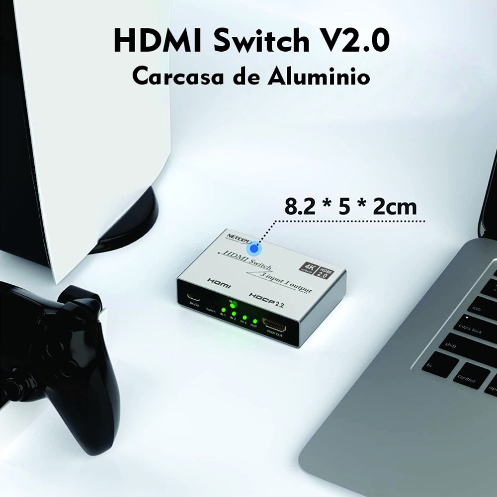 Switch HDMI 2.0 3 Puertos 4K 60Hz 3D HDR HDCP 2.2 3x1 18GBps NETCOM S1576