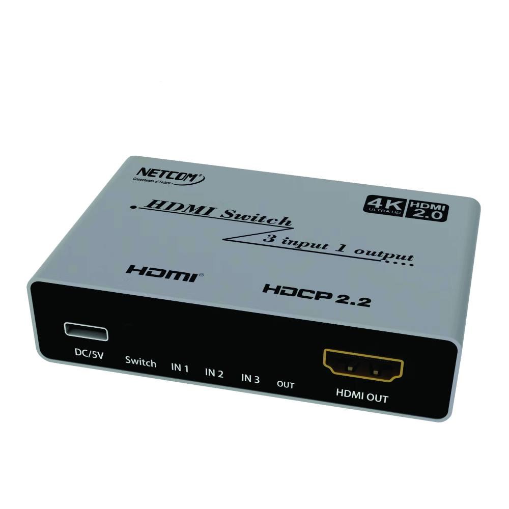 Switch HDMI 2.0 3 Puertos 4K 60Hz 3D HDR HDCP 2.2 3x1 18GBps NETCOM S1576