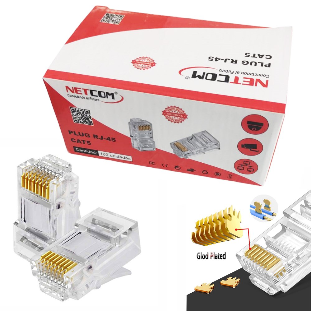 Plug Conector Rj45 Cat 5 Cat5e NETCOM Para Extensión X 100 Unidades S1578