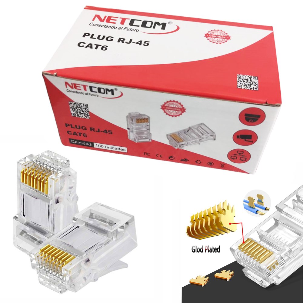 Plug Conector Rj45 Cat 6 Cat6e NETCOM para Extensión X 100 Unidades S1579