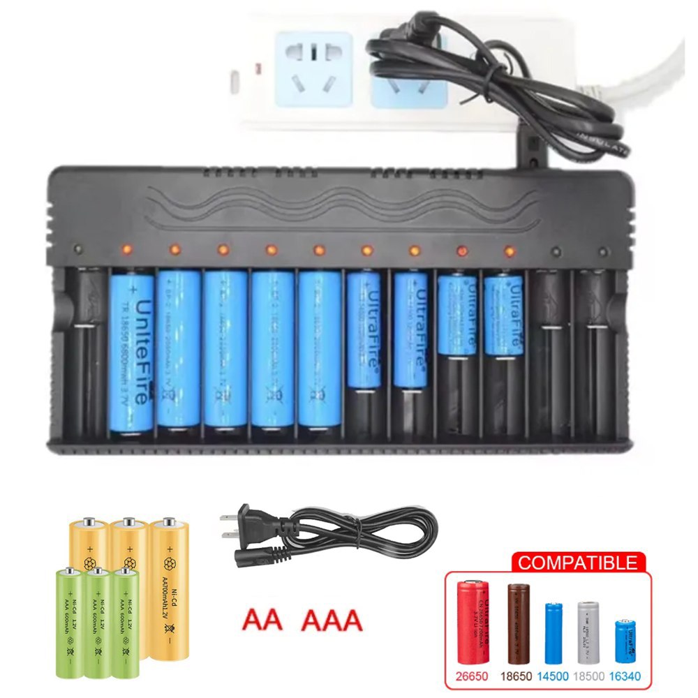 Cargador de pilas baterías recargables 12 puestos AA AAA 18650 26650 S1589