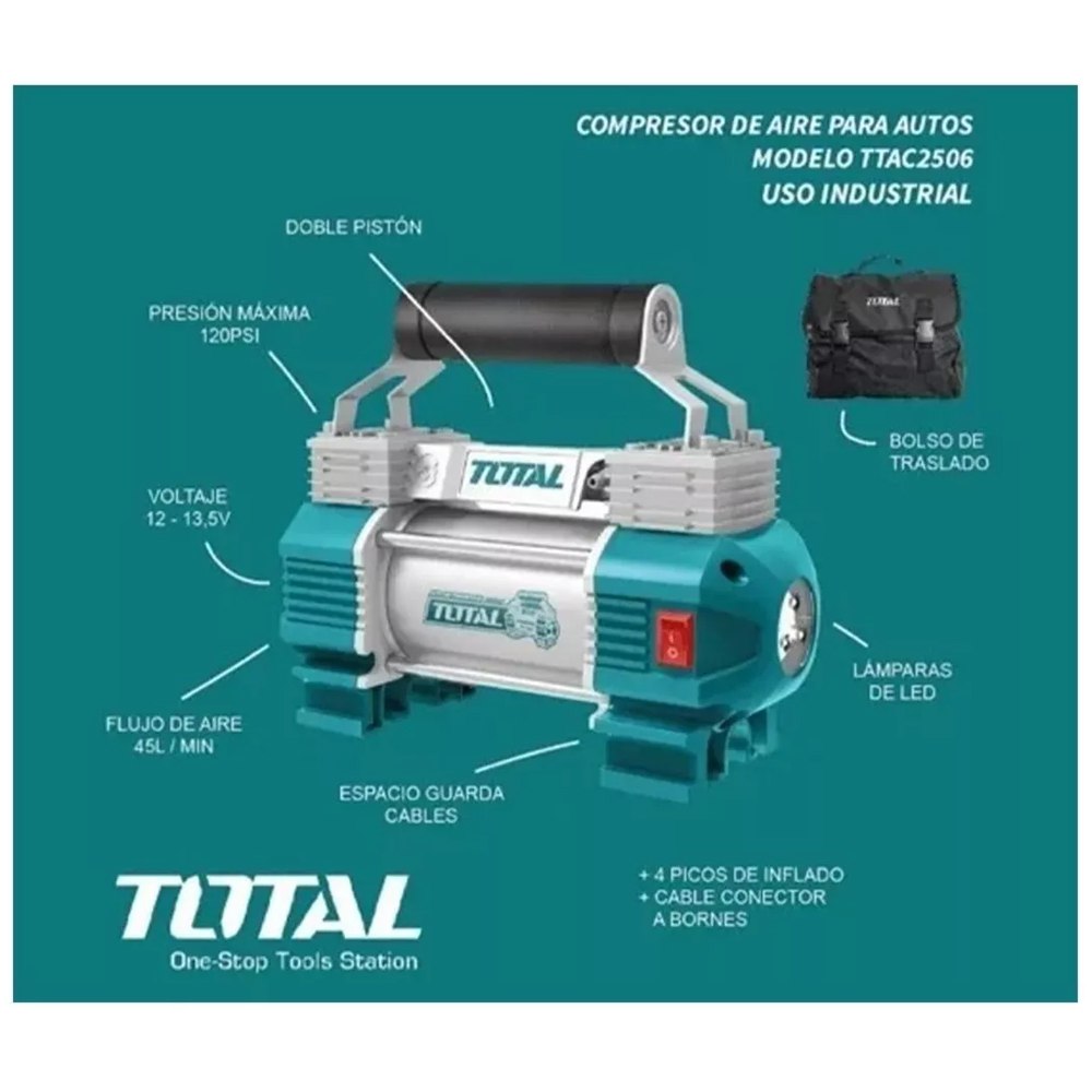 Compresor de aire para auto a Batería TOTAL 12-13.5V 120 PSI S1591
