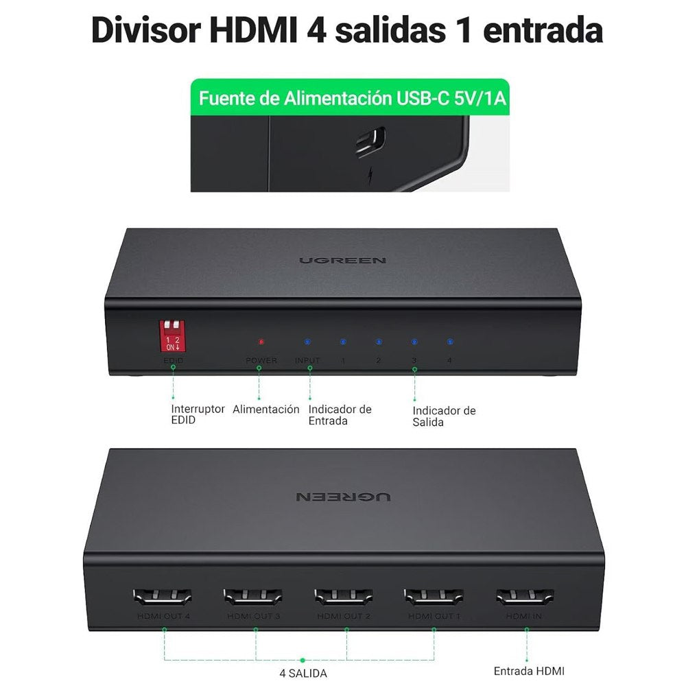 HDMI Splitter 1x4 2.0 UGREEN Full Hd 4K Multiplica Señal Conecta 4 tv S1651
