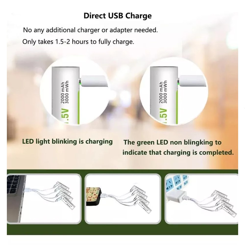 4 Baterias de Litio Recargable AA Pila 1.5V 3000mAh USB Tipo C S1667