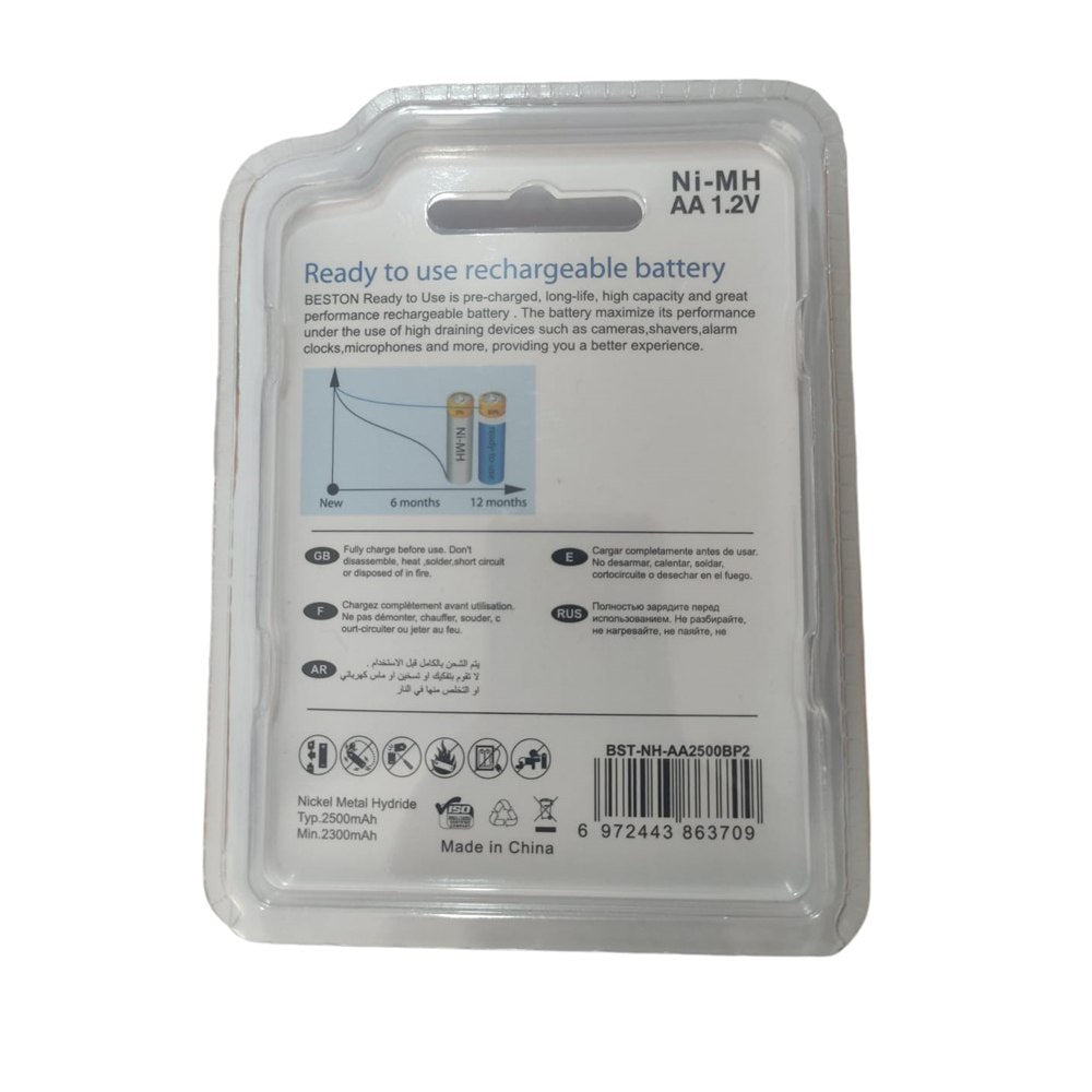 Blister 2 Baterias de Nimh Recargable AA Pilas 1.2V 2500mAh BESTON S1674