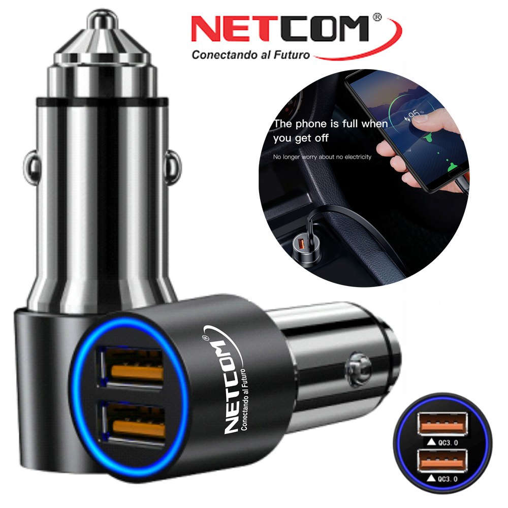 Cargador para Auto 2 USB QC3.0 NETCOM 3.4A 12V - 24V Carga Rapida S1686