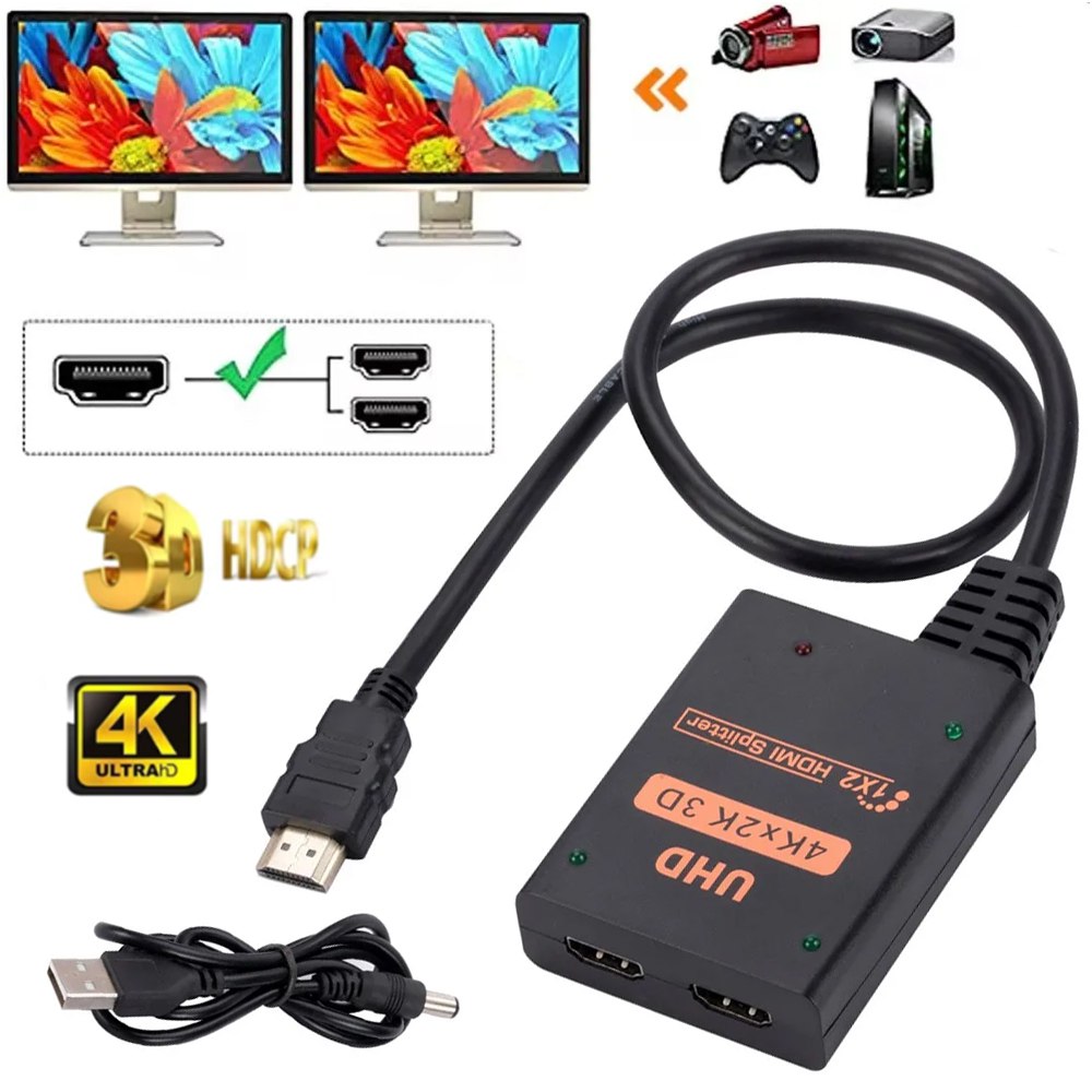 Splitter Hdmi 1x2 Full HD 4K con Cable Multiplica Señal Conecta 2 tv S1692