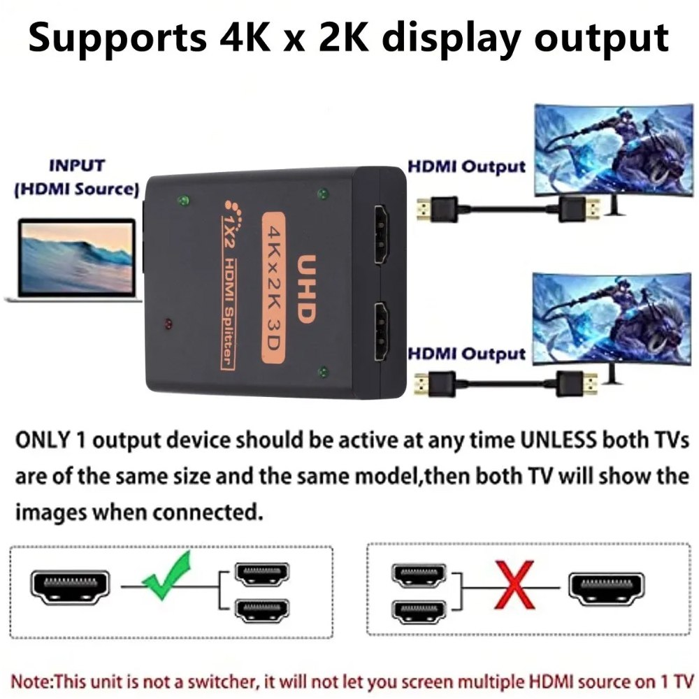 Splitter Hdmi 1x2 Full HD 4K con Cable Multiplica Señal Conecta 2 tv S1692