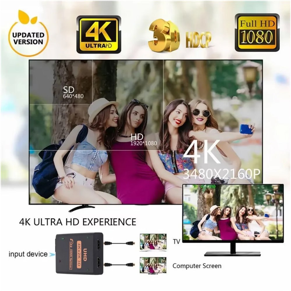 Splitter Hdmi 1x2 Full HD 4K con Cable Multiplica Señal Conecta 2 tv S1692