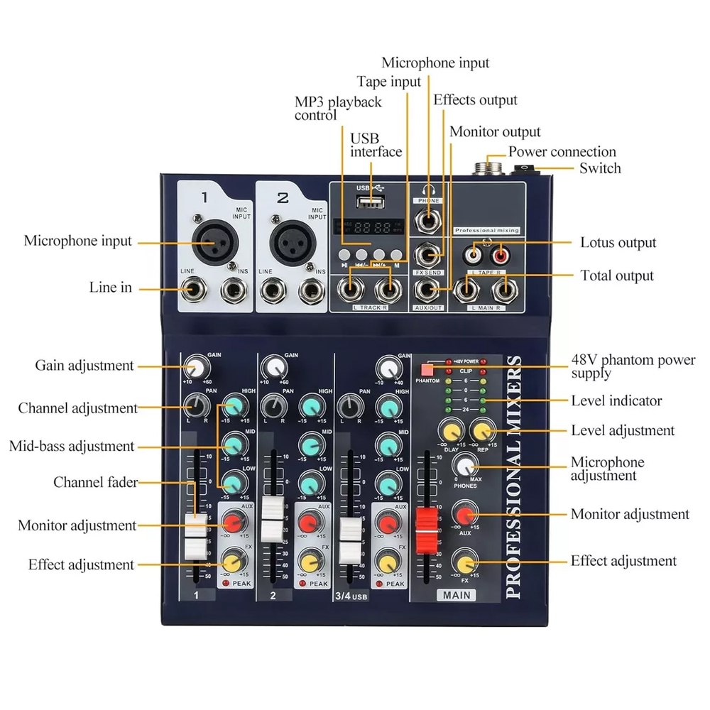 Mezclador de Audio Portátil con Bluetooth USB DJ Karaoke 48V 4 Canales S1719
