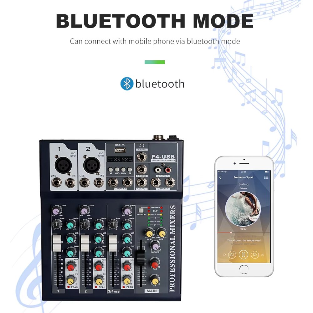 Mezclador de Audio Portátil con Bluetooth USB DJ Karaoke 48V 4 Canales S1719