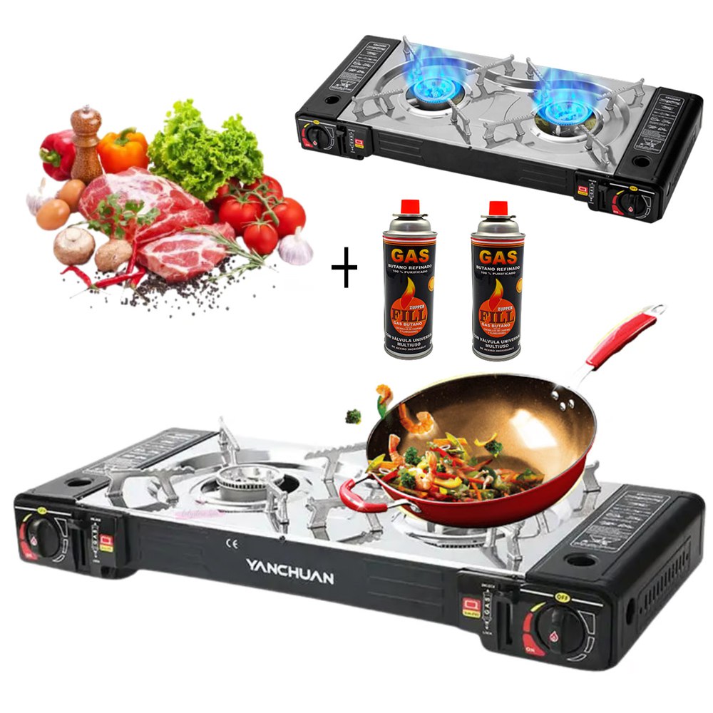 Cocina a Gas Portatil 2 Hornillas 2 en 1 Picnic Camping +GAS S1755