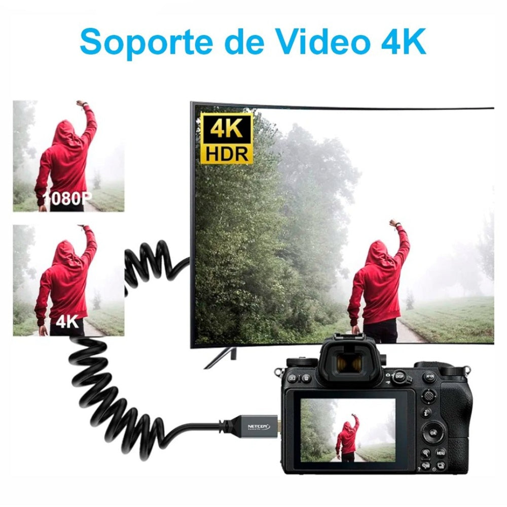 Cable Mini Hdmi a Hdmi 1.5 Metros Espiralado NETCOM 2.0 4K 60 Hz eARC S1792