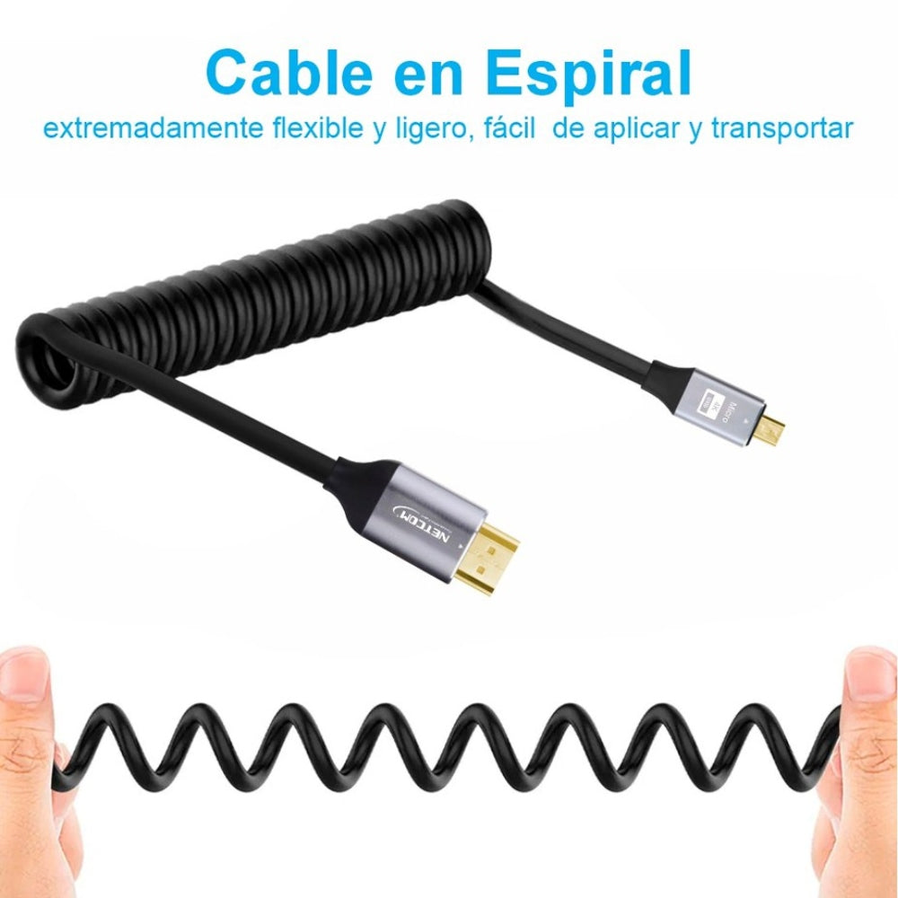 Cable Micro Hdmi a Hdmi 1.5 Metros Espiralado NETCOM 2.0 4K 60 Hz eARC S1793