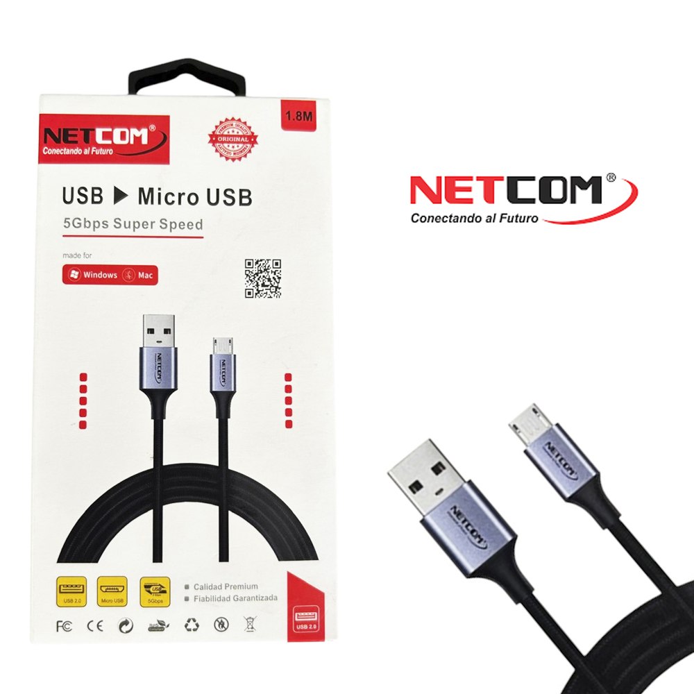 Cable USB a Micro USB 1 Metro NETCOM 5Gbps 18w pvc 3A S1798
