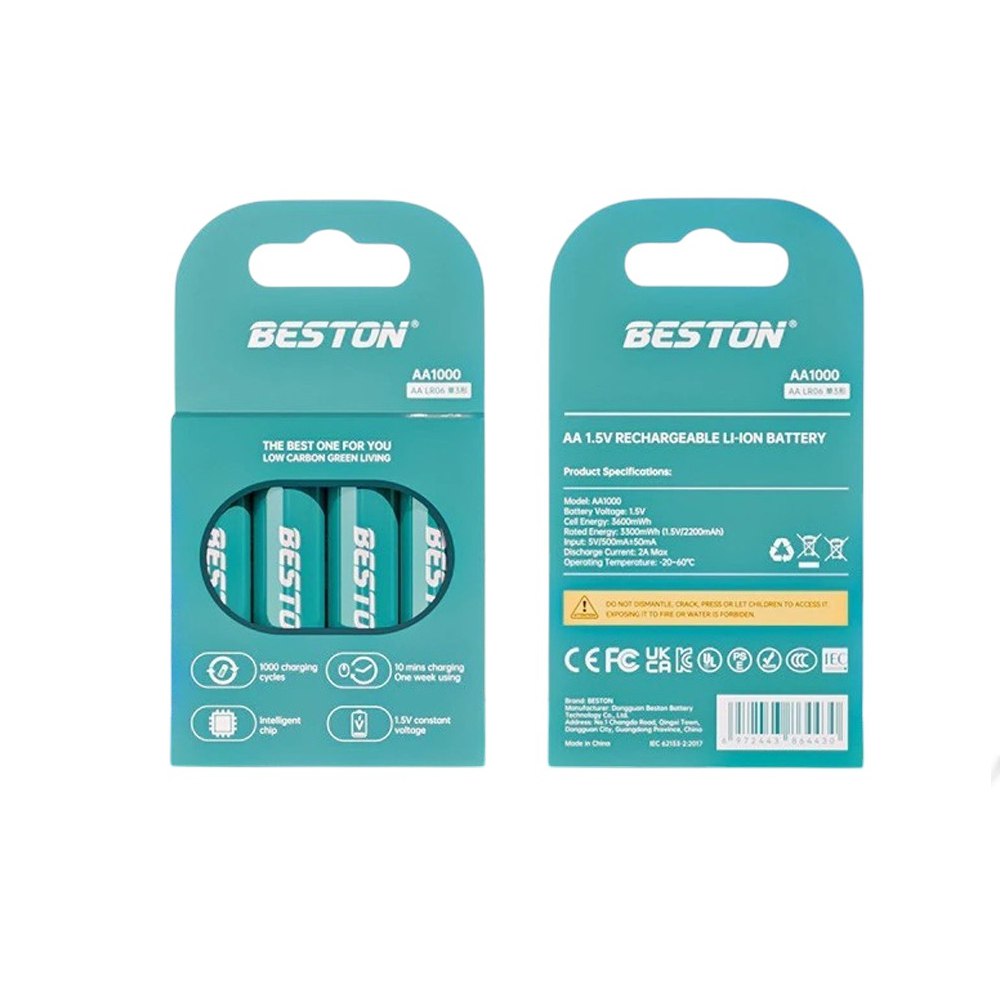 4 Baterias de litio recargable AA pila 1.5V 3600mWh BESTON AA1000 S1799