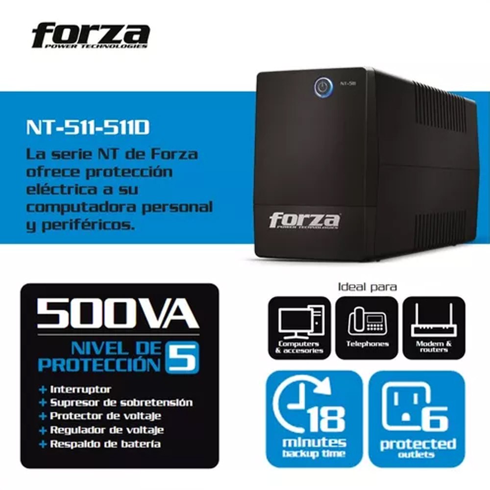 Respaldo de Emergencia UPS FORZA NT-512U 500VA 250W 6 TOMAS 220V S1809