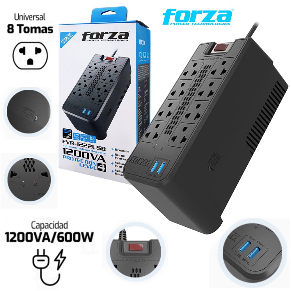 Estabilizador FORZA FVR-1222 1200VA 600W 8 TOMAS 220V 2 USB Regulador S1811