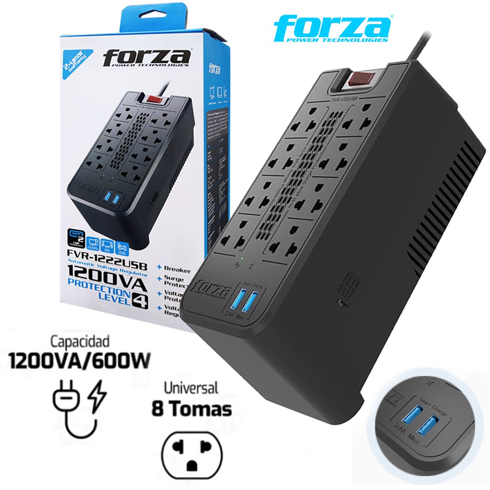 Estabilizador FORZA FVR-1222 1200VA 600W 8 TOMAS 220V 2 USB Regulador S1811