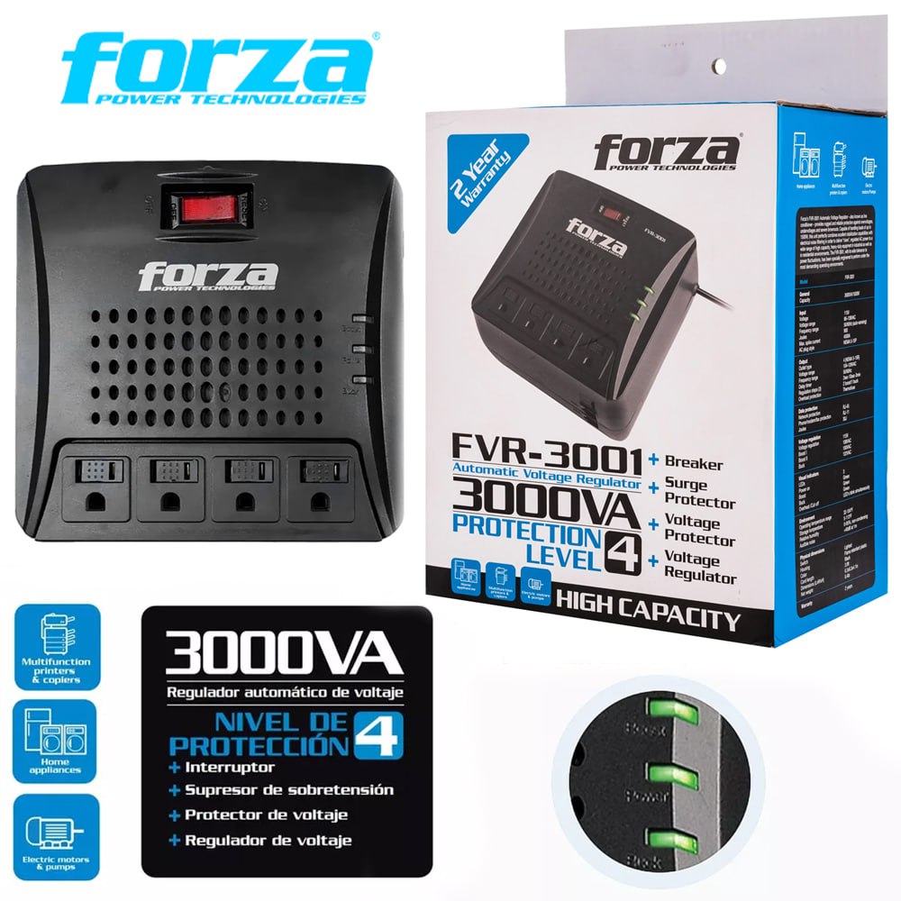 Estabilizador FORZA FVR-3002 3000VA 1500W 4 TOMAS 220V Regulador S1812