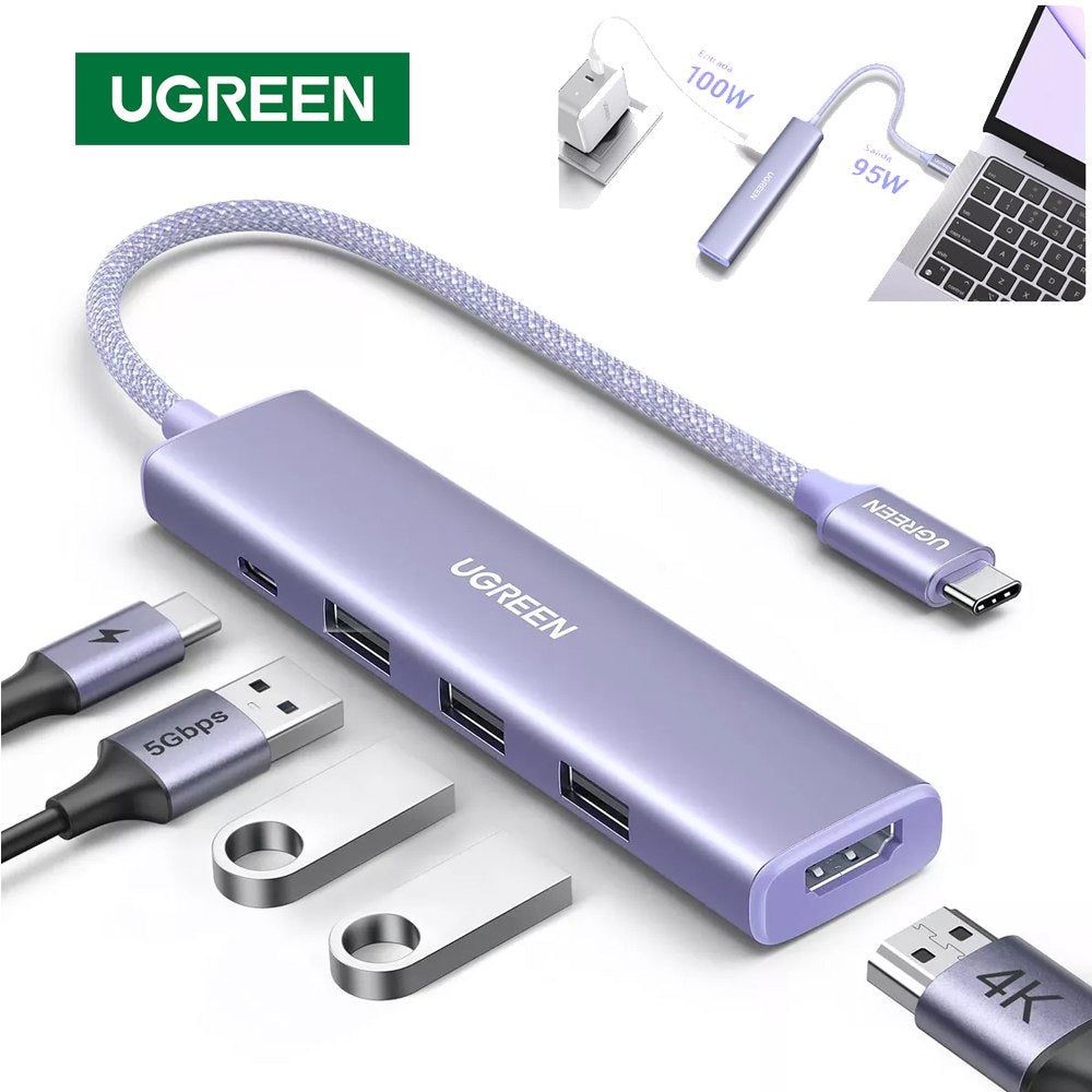 Hub Tipo C 5 en 1 UGREEN 3 Puertos USB 3.0 5gbps 1 Puerto HDMI 4K 100W S1816