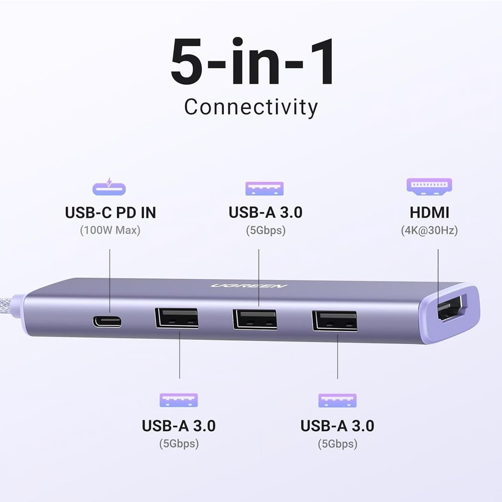 Hub Tipo C 5 en 1 UGREEN 3 Puertos USB 3.0 5gbps 1 Puerto HDMI 4K 100W S1816