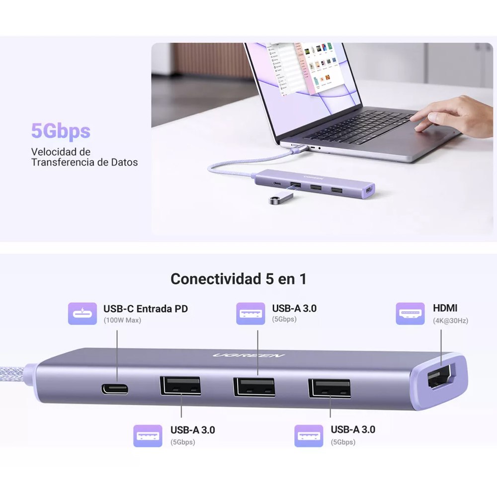 Hub Tipo C 5 en 1 UGREEN 3 Puertos USB 3.0 5gbps 1 Puerto HDMI 4K 100W S1816
