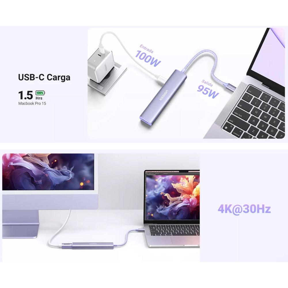 Hub Tipo C 5 en 1 UGREEN 3 Puertos USB 3.0 5gbps 1 Puerto HDMI 4K 100W S1816