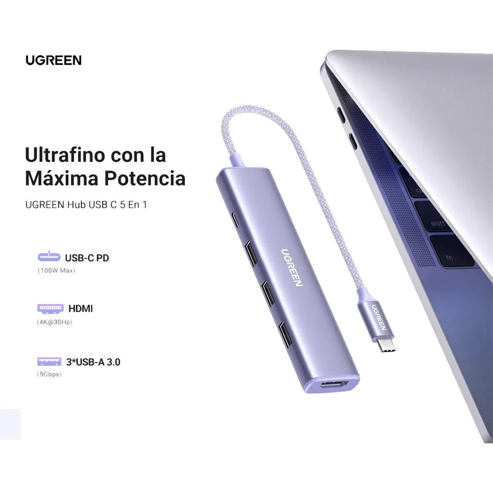 Hub Tipo C 5 en 1 UGREEN 3 Puertos USB 3.0 5gbps 1 Puerto HDMI 4K 100W S1816