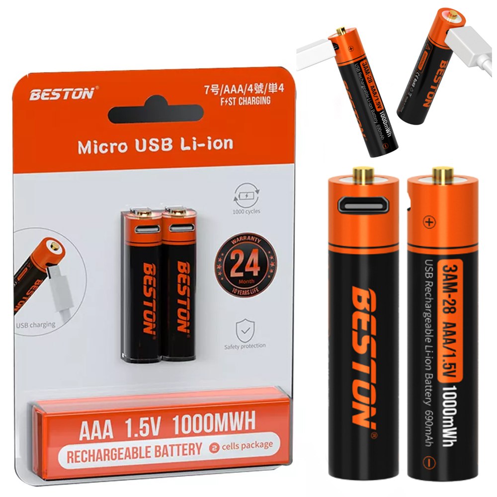2 Baterias de Litio Recargable AAA Pilas 1.5V 1000nWh BESTON Micro USB S1823