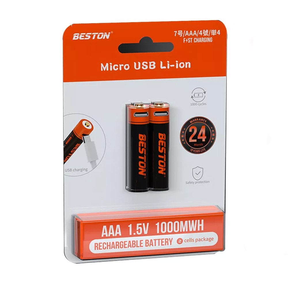 2 Baterias de Litio Recargable AAA Pilas 1.5V 1000nWh BESTON Micro USB S1823