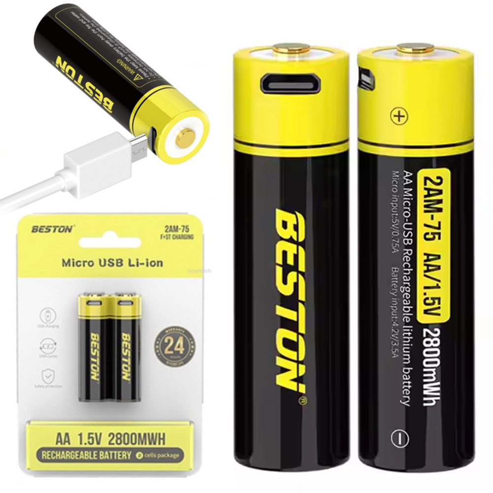 2 Baterias de Litio Recargable AA Pila 1.5V 2800MWh BESTON Micro USB S1824