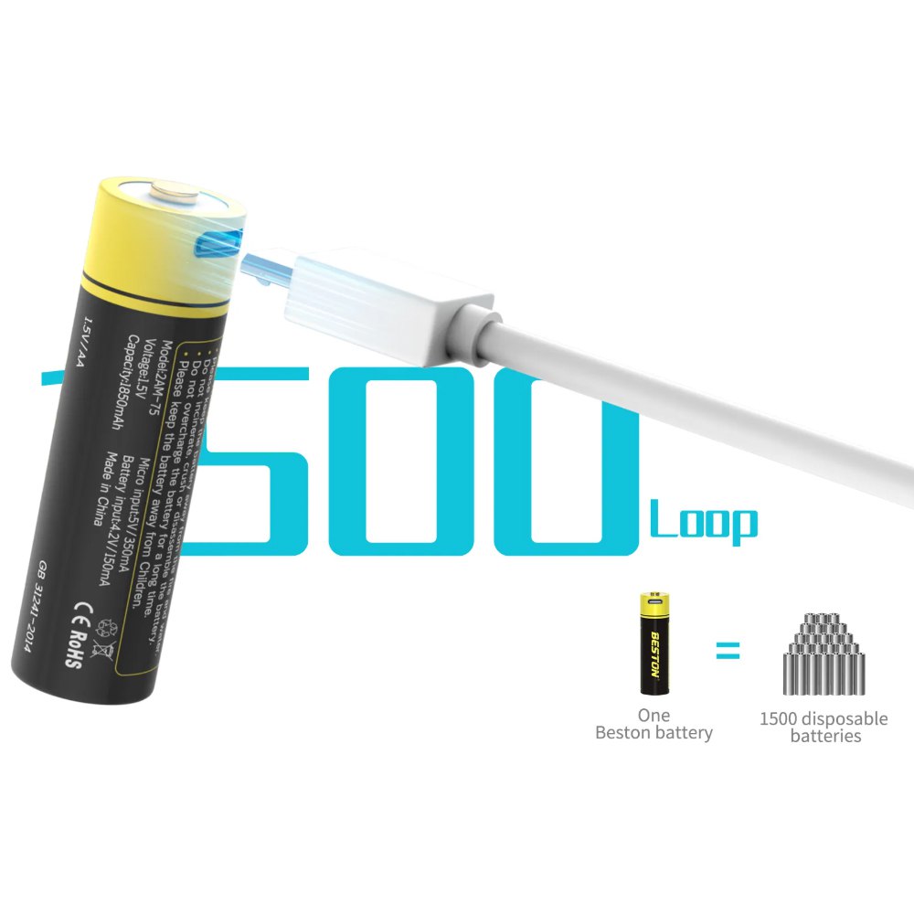 2 Baterias de Litio Recargable AA Pila 1.5V 2800MWh BESTON Micro USB S1824